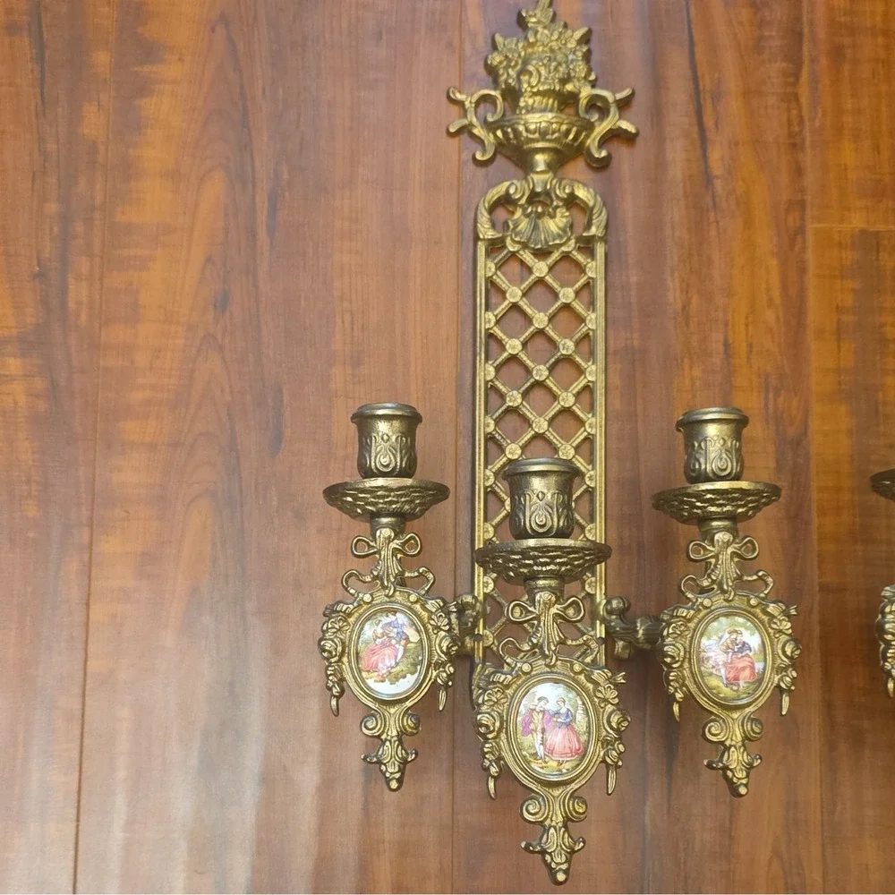 Pair of Vintage French Brass 3-Arm Wall Sconces, Rococo RevivalSigned Fragonard